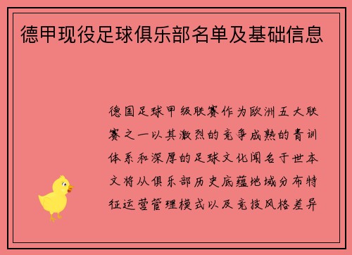 德甲现役足球俱乐部名单及基础信息