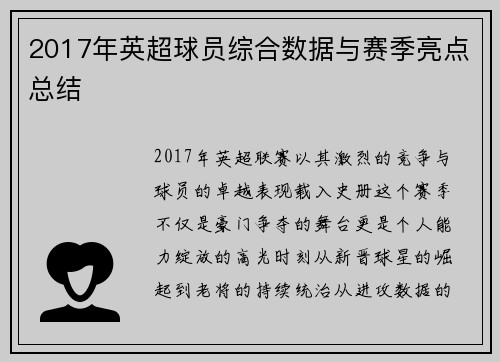 2017年英超球员综合数据与赛季亮点总结