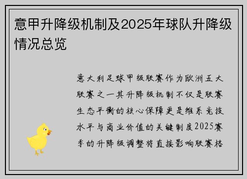 意甲升降级机制及2025年球队升降级情况总览